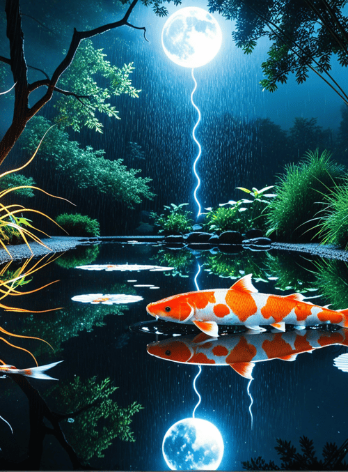 koi fish, moon, pond, lotus, plants, trees