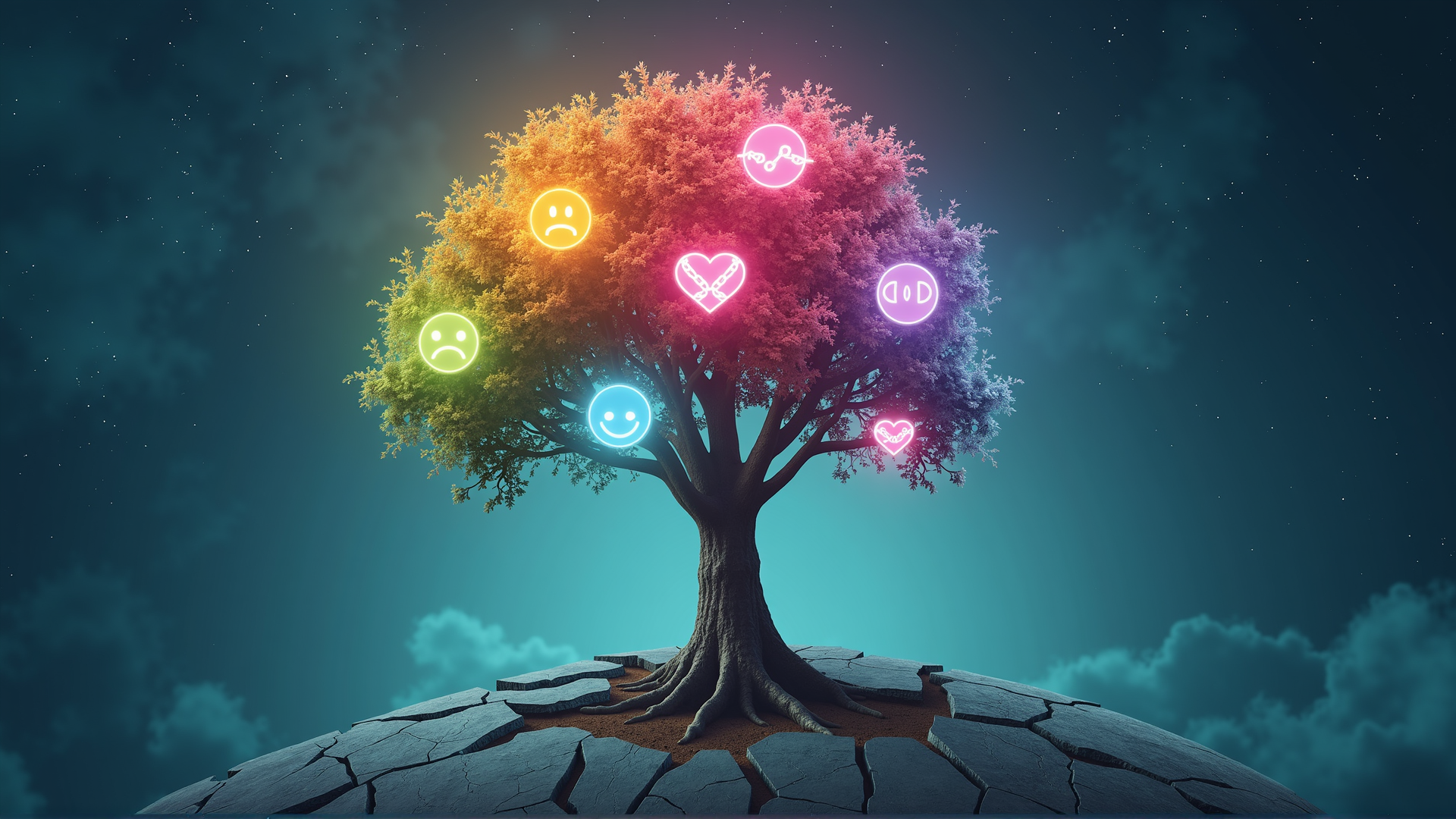 AI generated wallpaper featuring tree, emojis, neon