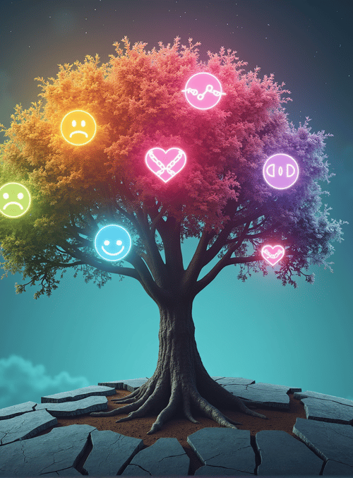 tree, emojis, neon