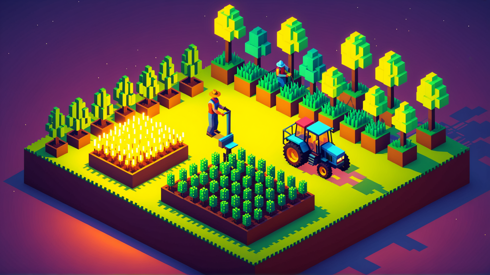 AI generated wallpaper featuring farmer, tractor, trees, crops, field, garden, barn, hills