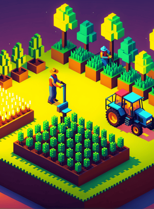 farmer, tractor, trees, crops, field, garden, barn, hills