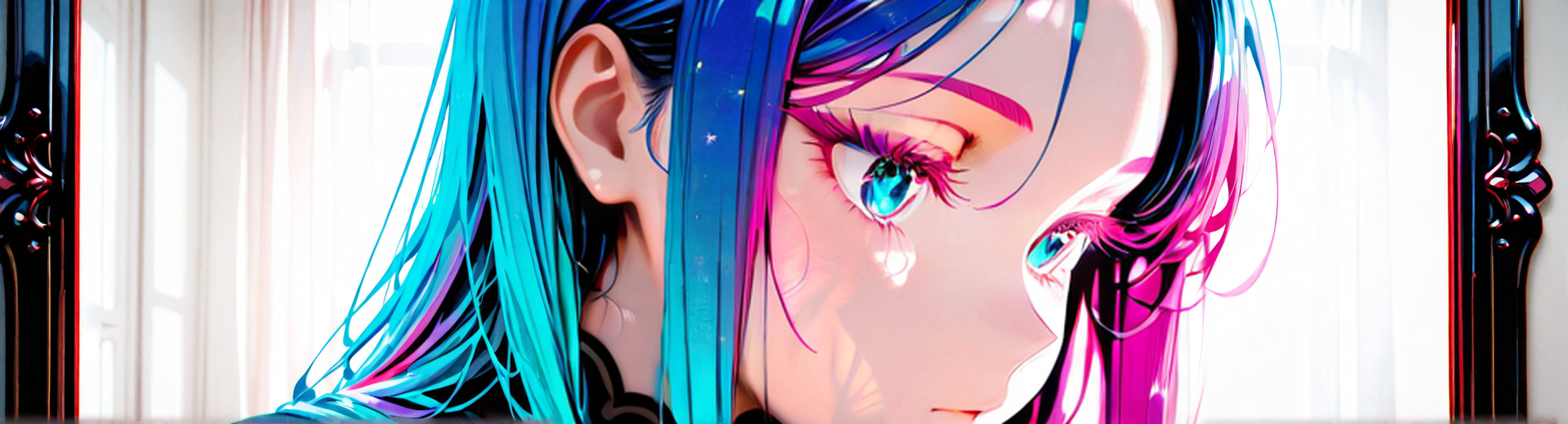 AI generated wallpaper featuring girl, anime, hair, tear, ear, window, curtains, mirror