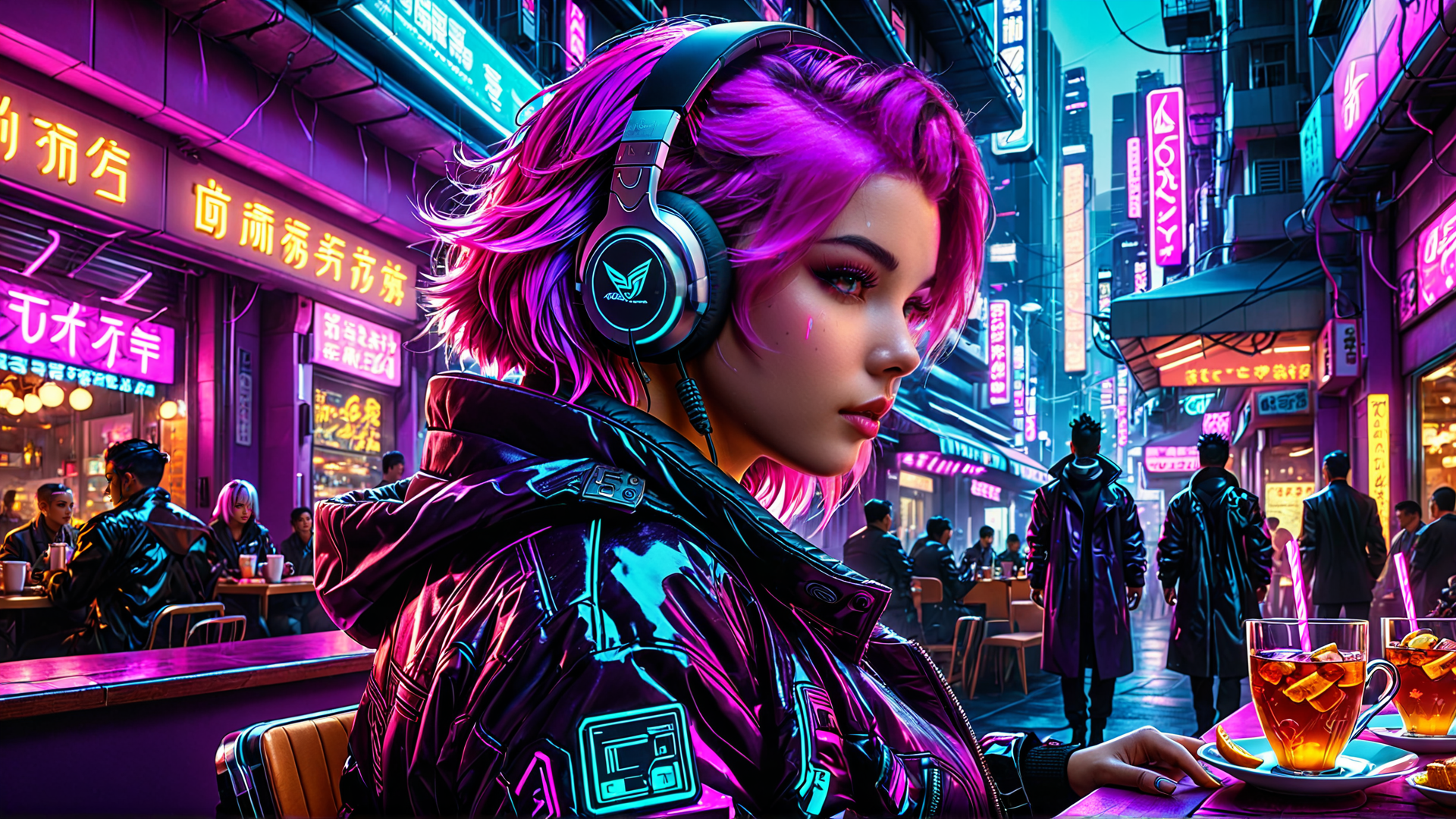 AI generated wallpaper featuring woman, neon, city