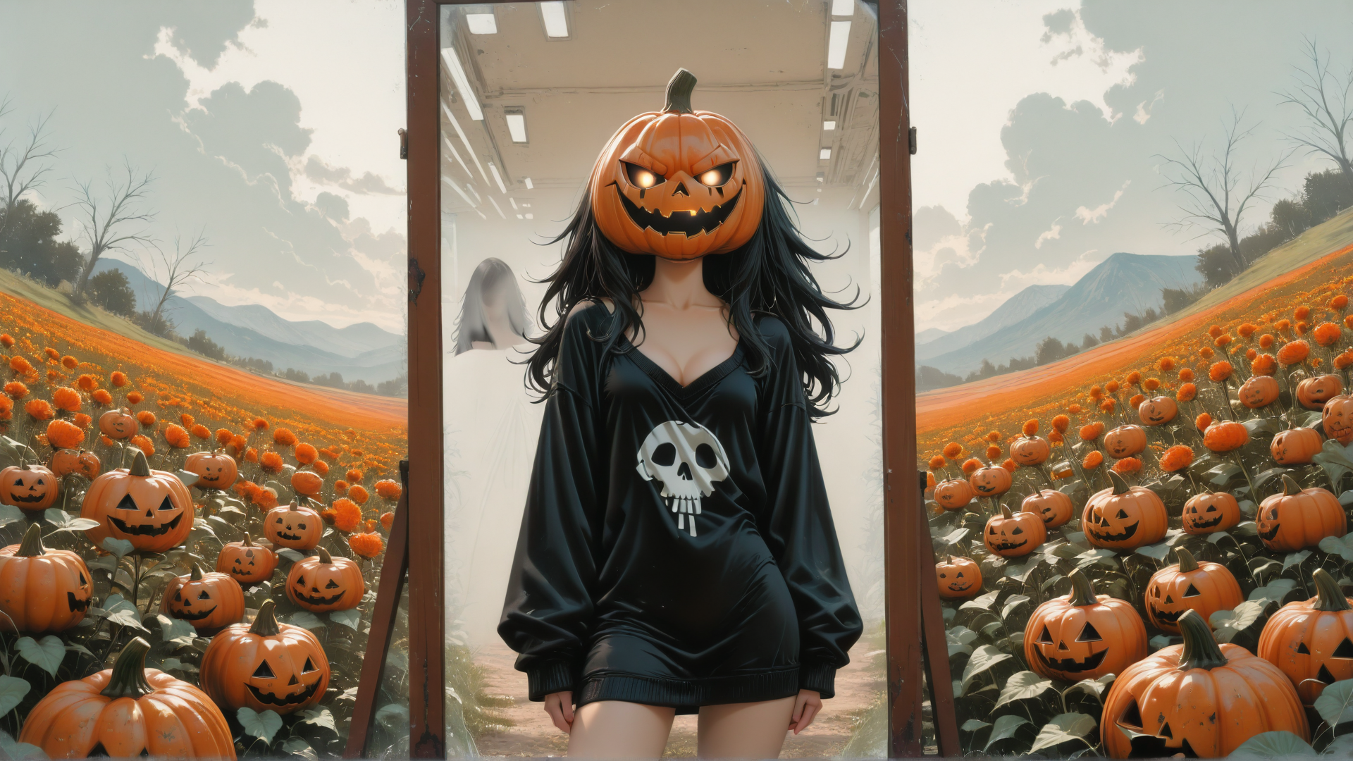 AI generated wallpaper featuring pumpkin, woman, skull, field, mirror, ghost, mountain, cloud, tree, flower