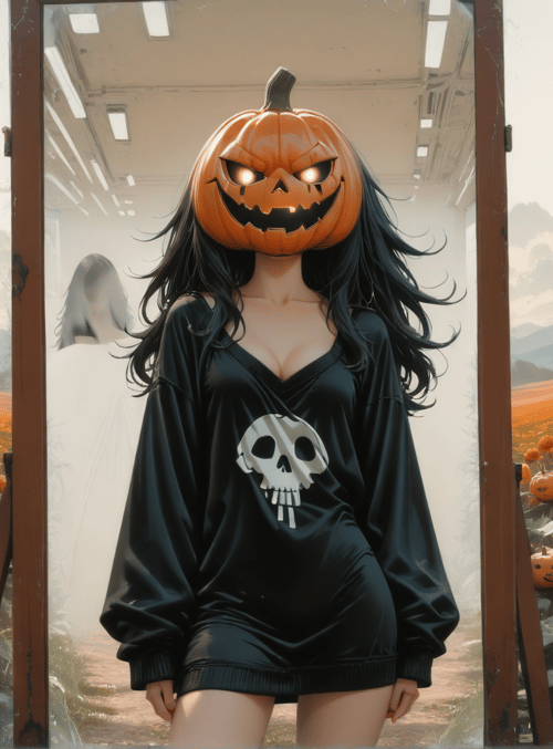 pumpkin, woman, skull, field, mirror, ghost, mountain, cloud, tree, flower