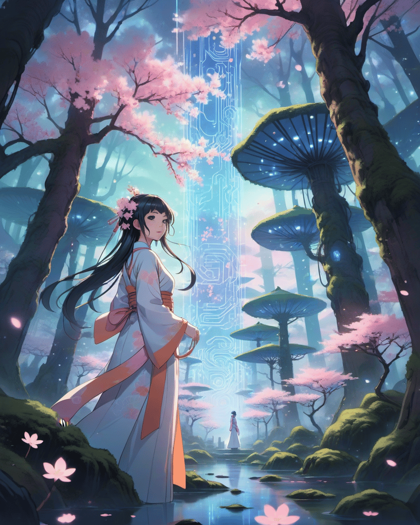 AI generated wallpaper featuring girl, cherry trees, mushrooms