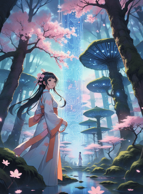 girl, cherry trees, mushrooms