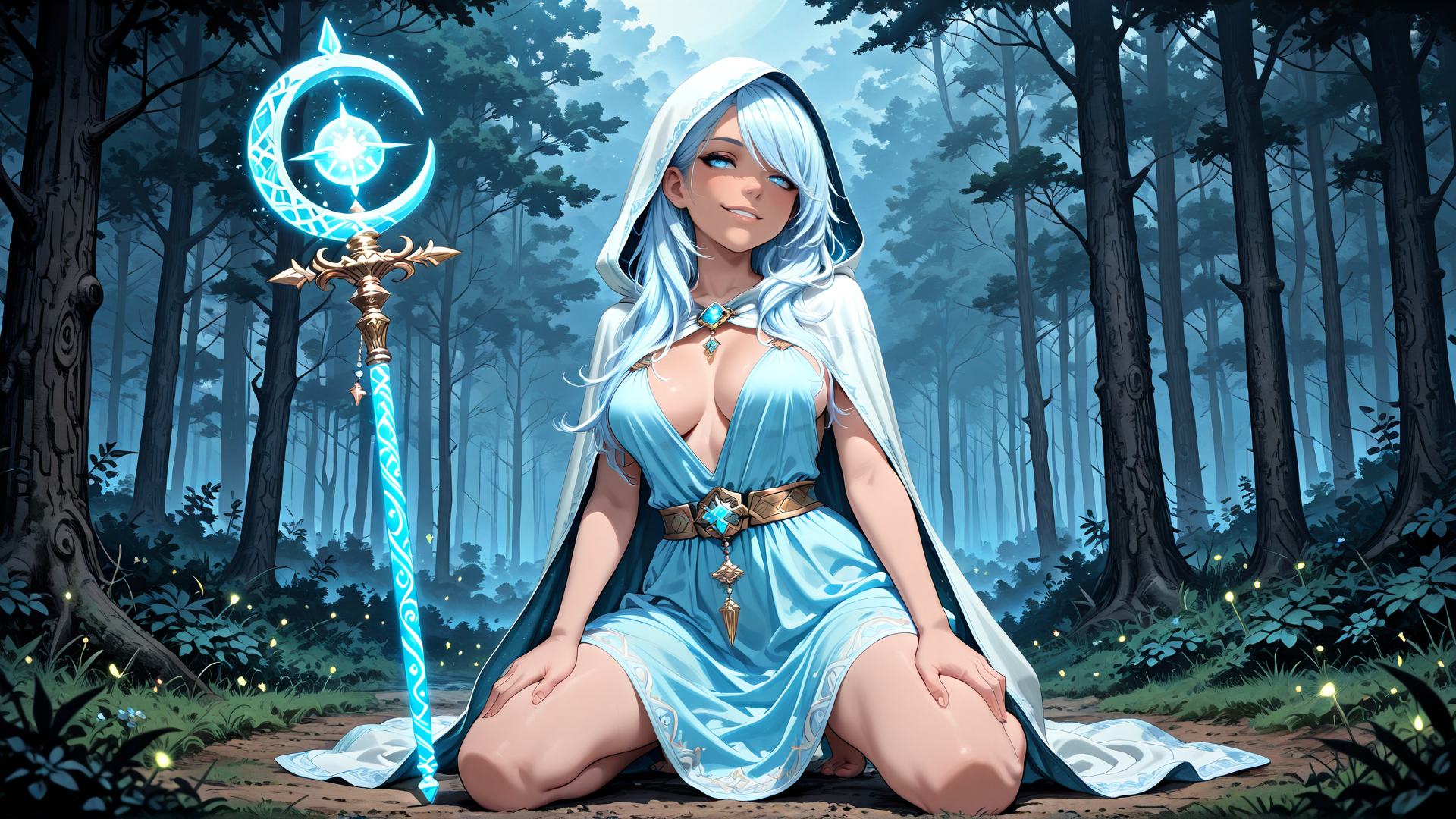 AI generated wallpaper featuring woman, forest, staff, fairy, nature, magic