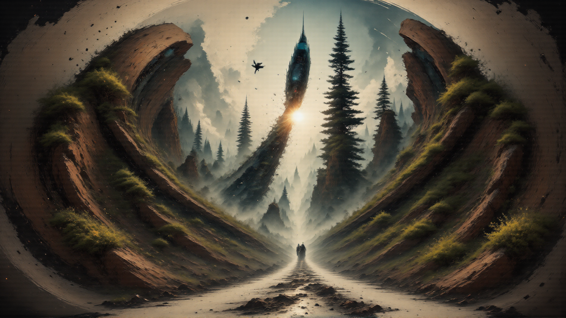 AI generated wallpaper featuring mountain, forest, tower, road, people