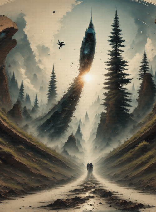 mountain, forest, tower, road, people