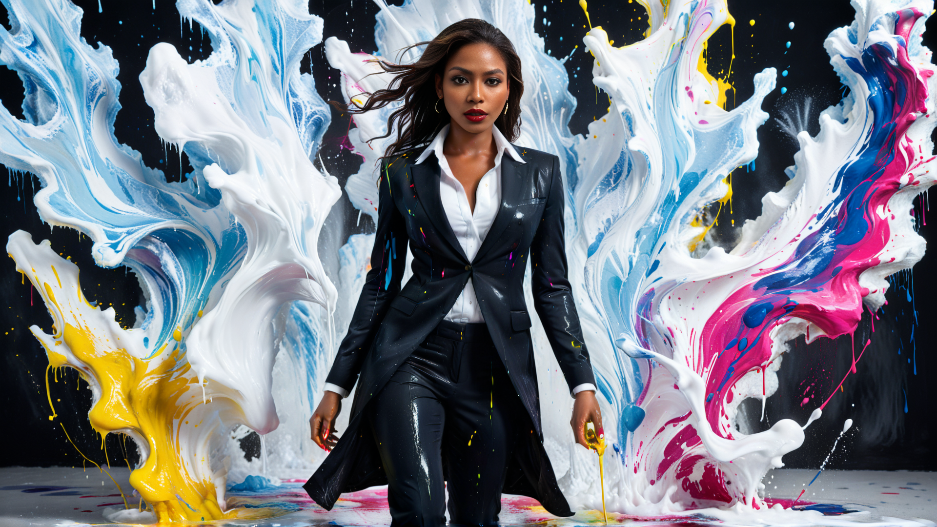 AI generated wallpaper featuring woman, paint, suits