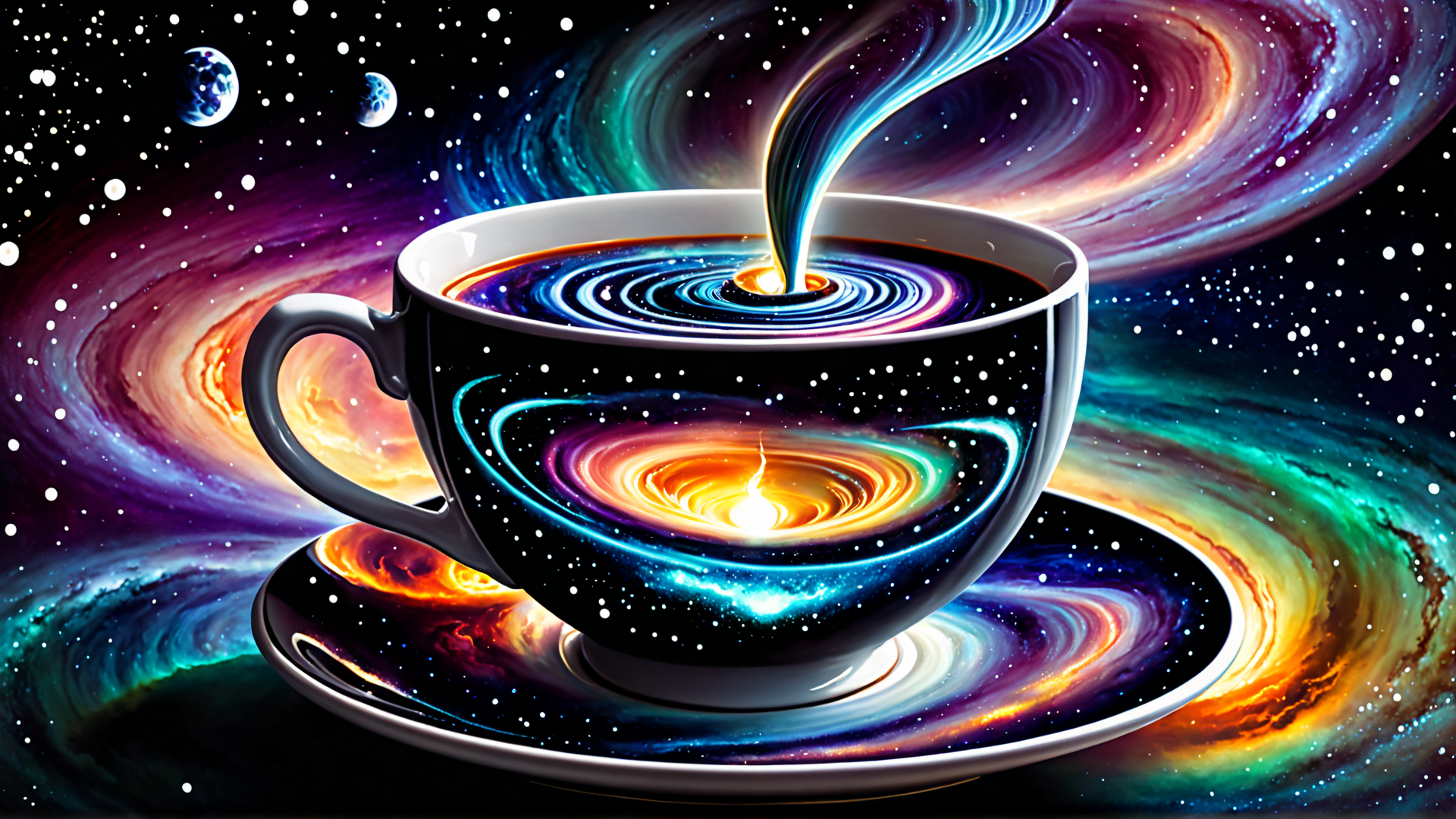 AI generated wallpaper featuring cup, coffee, galaxy, universe, planet, spiral, star