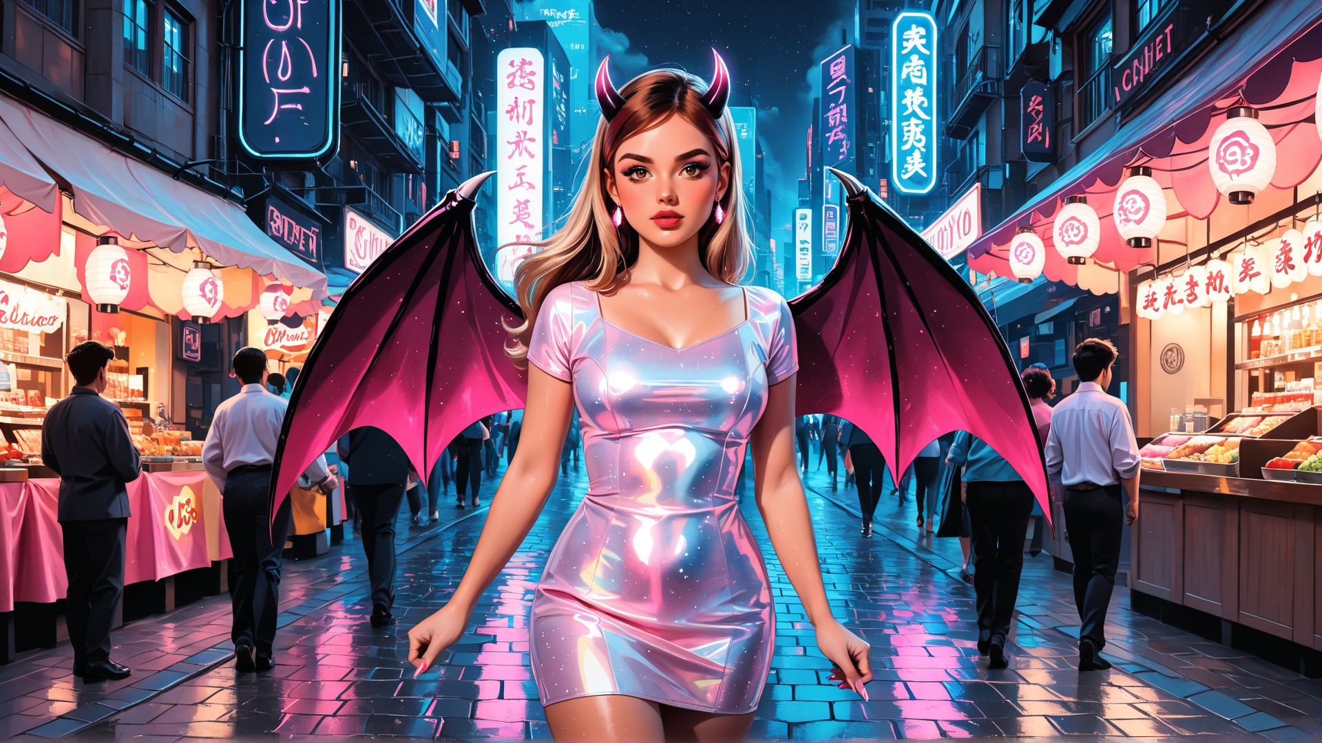 AI generated wallpaper featuring woman, devil, angel, street, market, neon