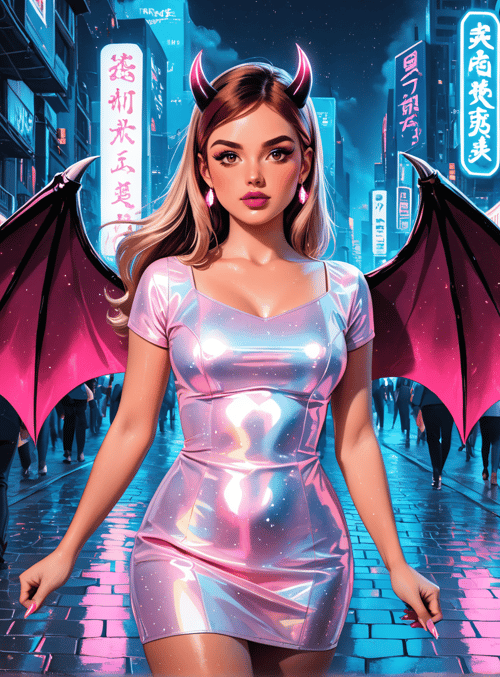 woman, devil, angel, street, market, neon