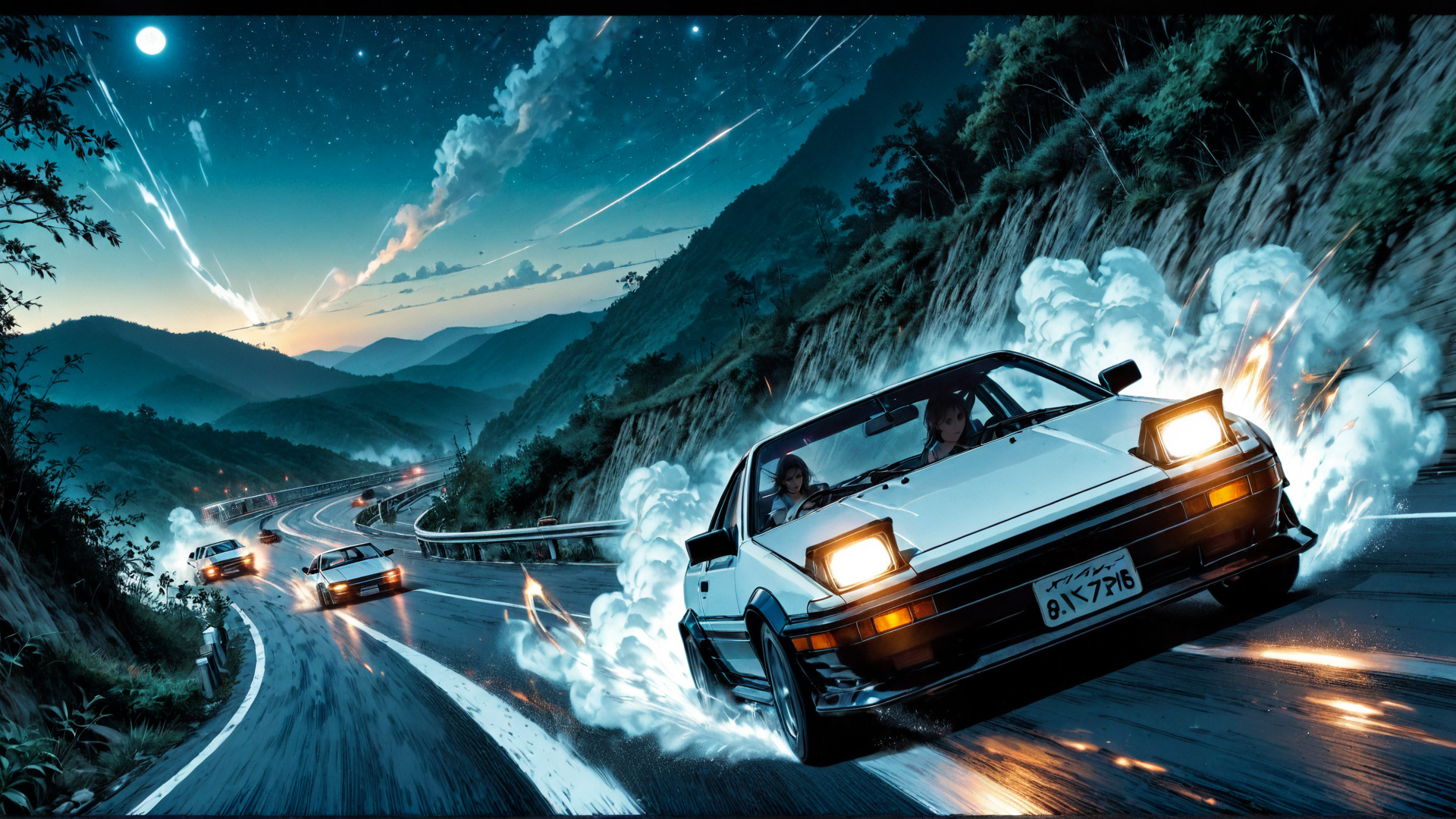 AI generated wallpaper featuring car, road, mountain, moon, stars, smoke, driver, light, fire, racing
