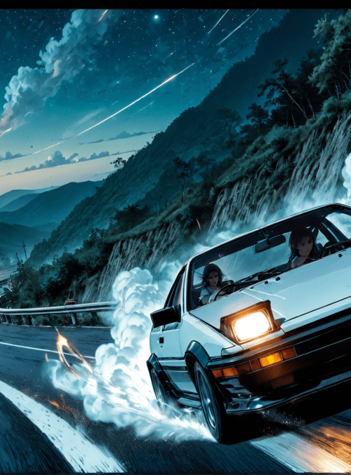car, road, mountain, moon, stars, smoke, driver, light, fire, racing