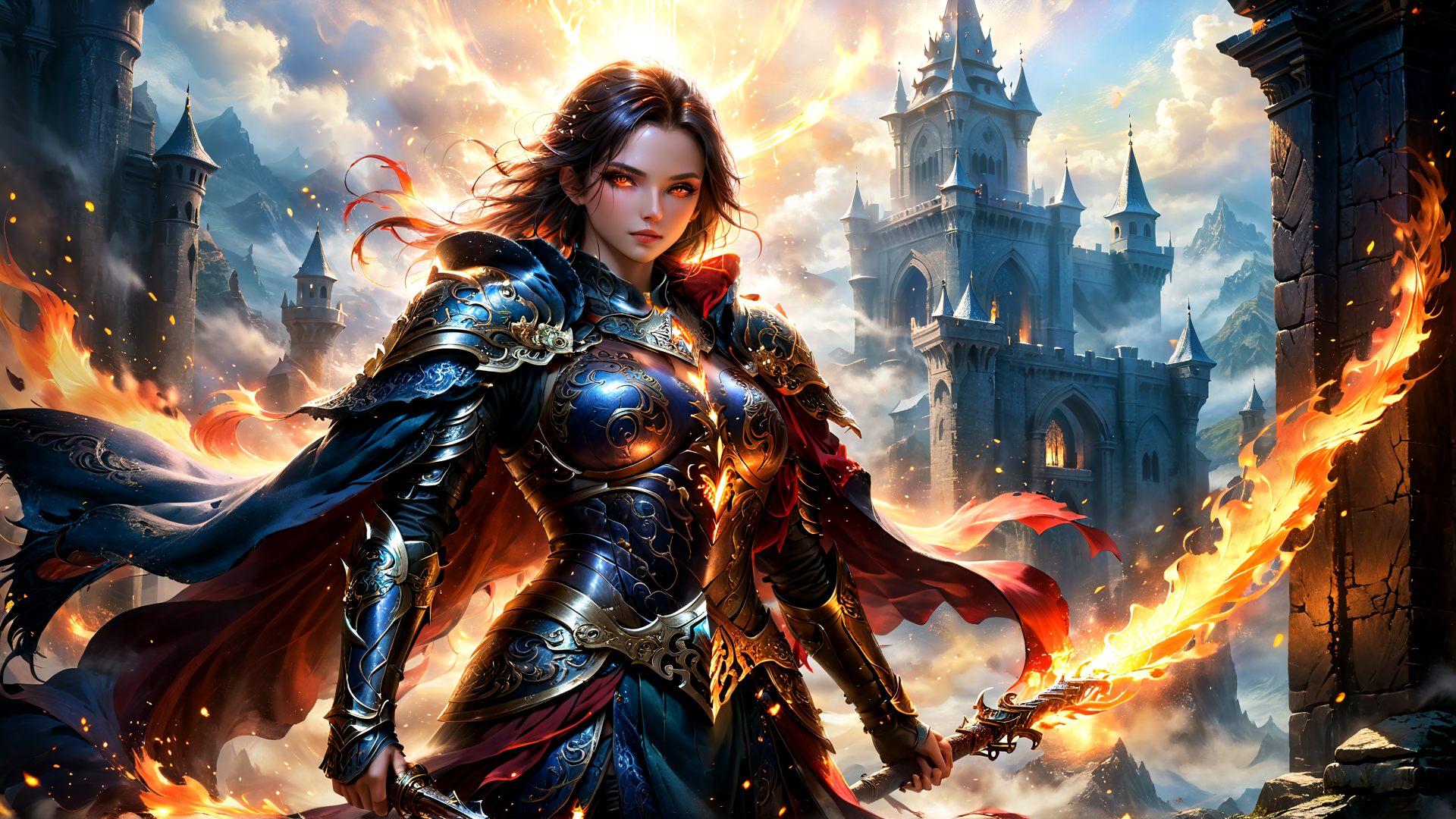AI generated wallpaper featuring woman, knight, armor, sword, castle, fire, cape