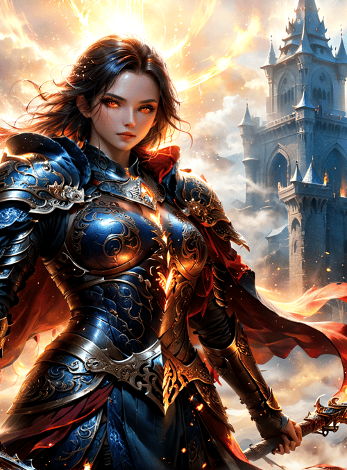 woman, knight, armor, sword, castle, fire, cape