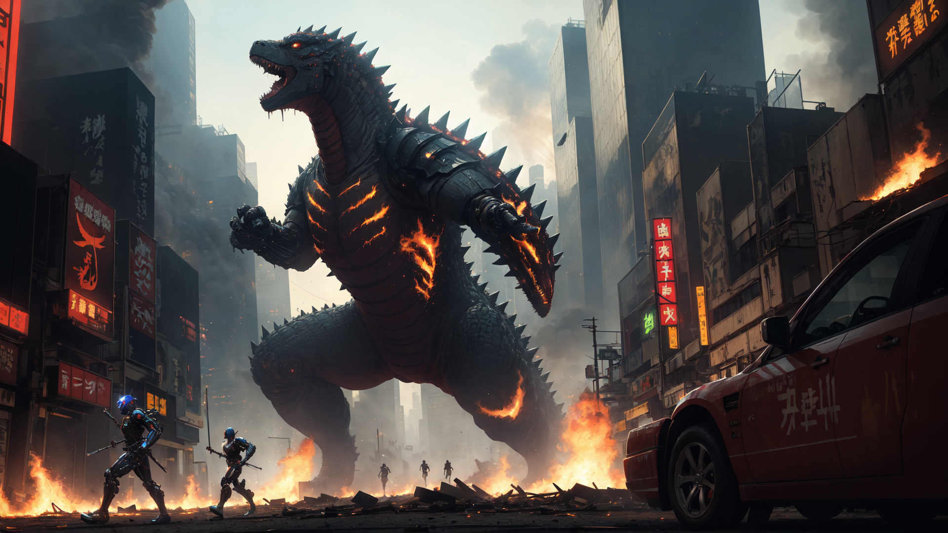 AI generated wallpaper featuring godzilla, robots, city, fire, cars, buildings