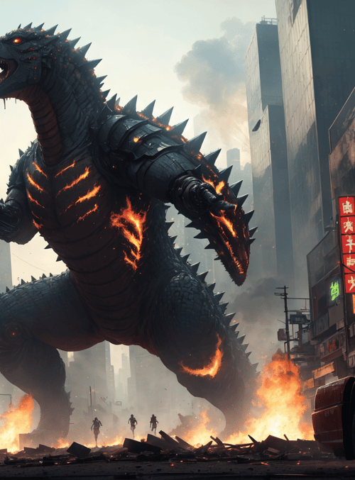 godzilla, robots, city, fire, cars, buildings
