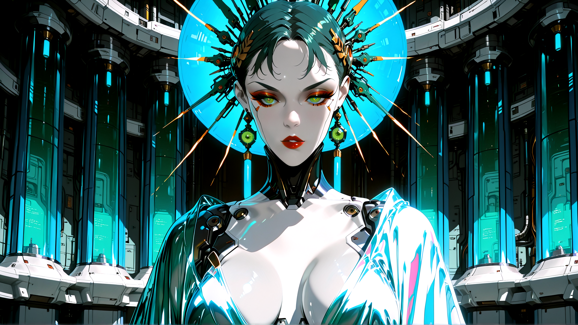 AI generated wallpaper featuring cyborg, woman, robot, gears, earrings, armor, neon, facial makeup, spear, lens