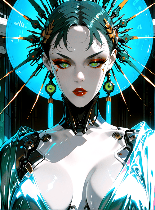 cyborg, woman, robot, gears, earrings, armor, neon, facial makeup, spear, lens