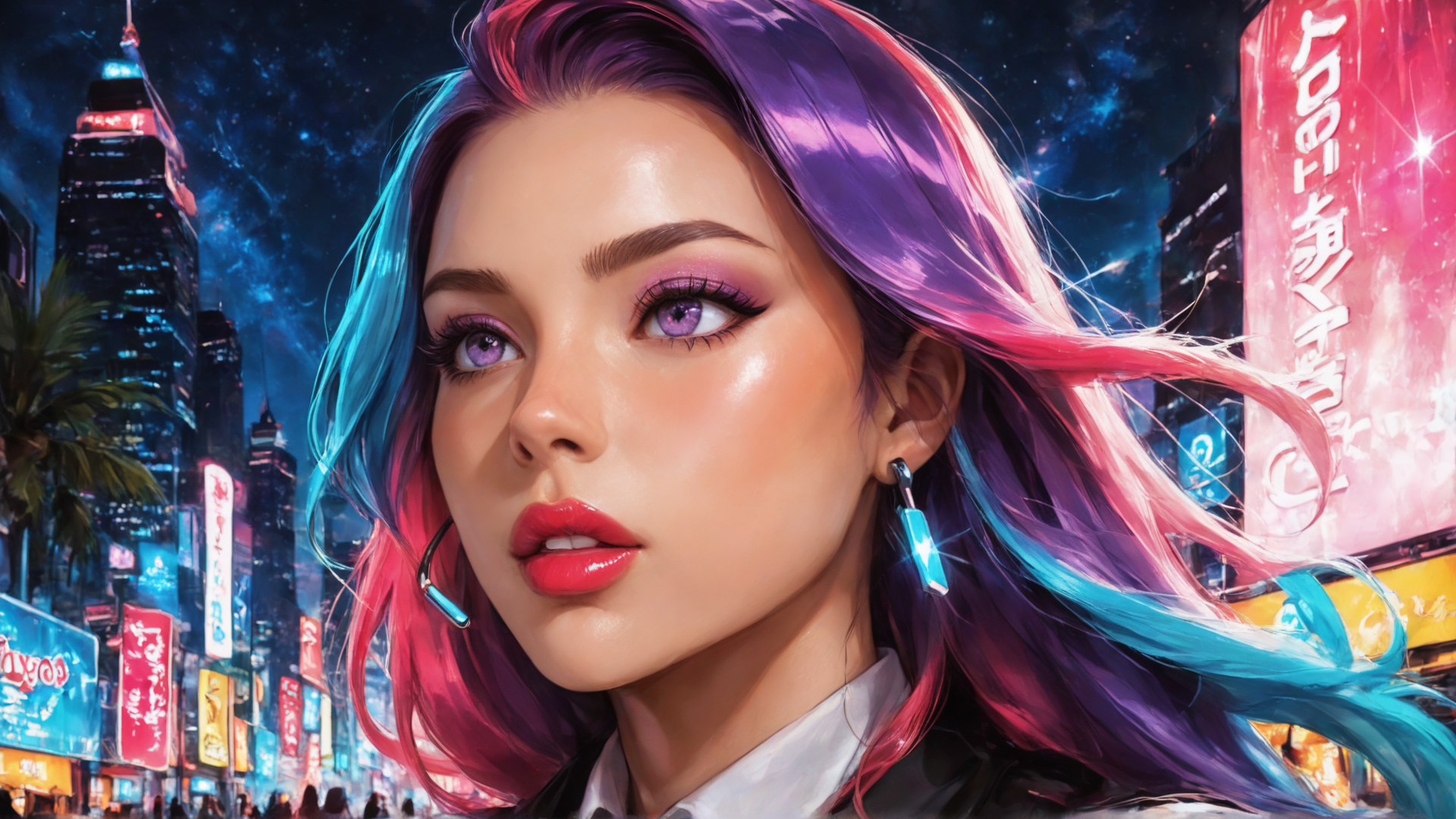 AI generated wallpaper featuring woman, cityscape, neon lights, hair, earrings, buildings, signs, skyline, palm tree, crowd