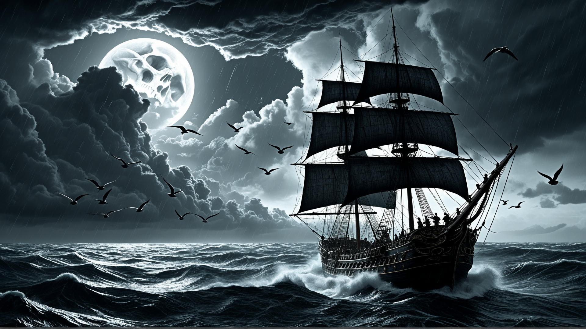 AI generated wallpaper featuring ship, skull moon, seagulls