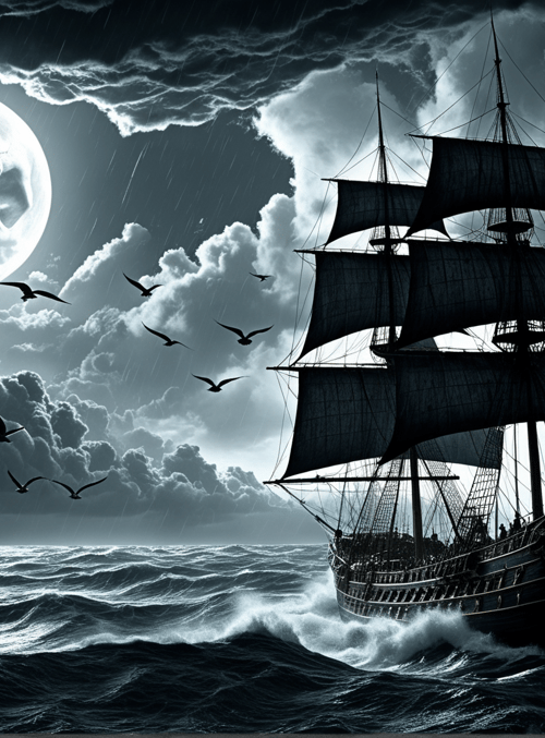ship, skull moon, seagulls