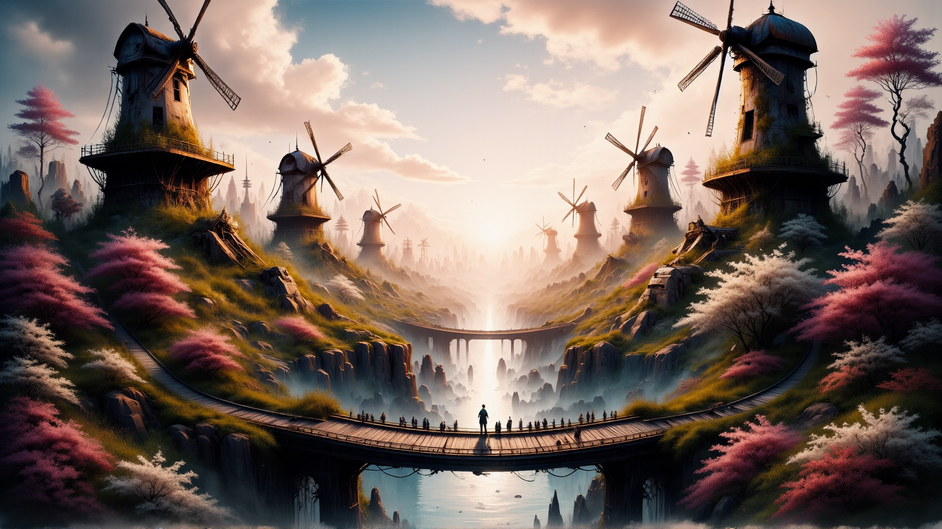 AI generated wallpaper featuring windmill, bridge, tree, mountain, sunset