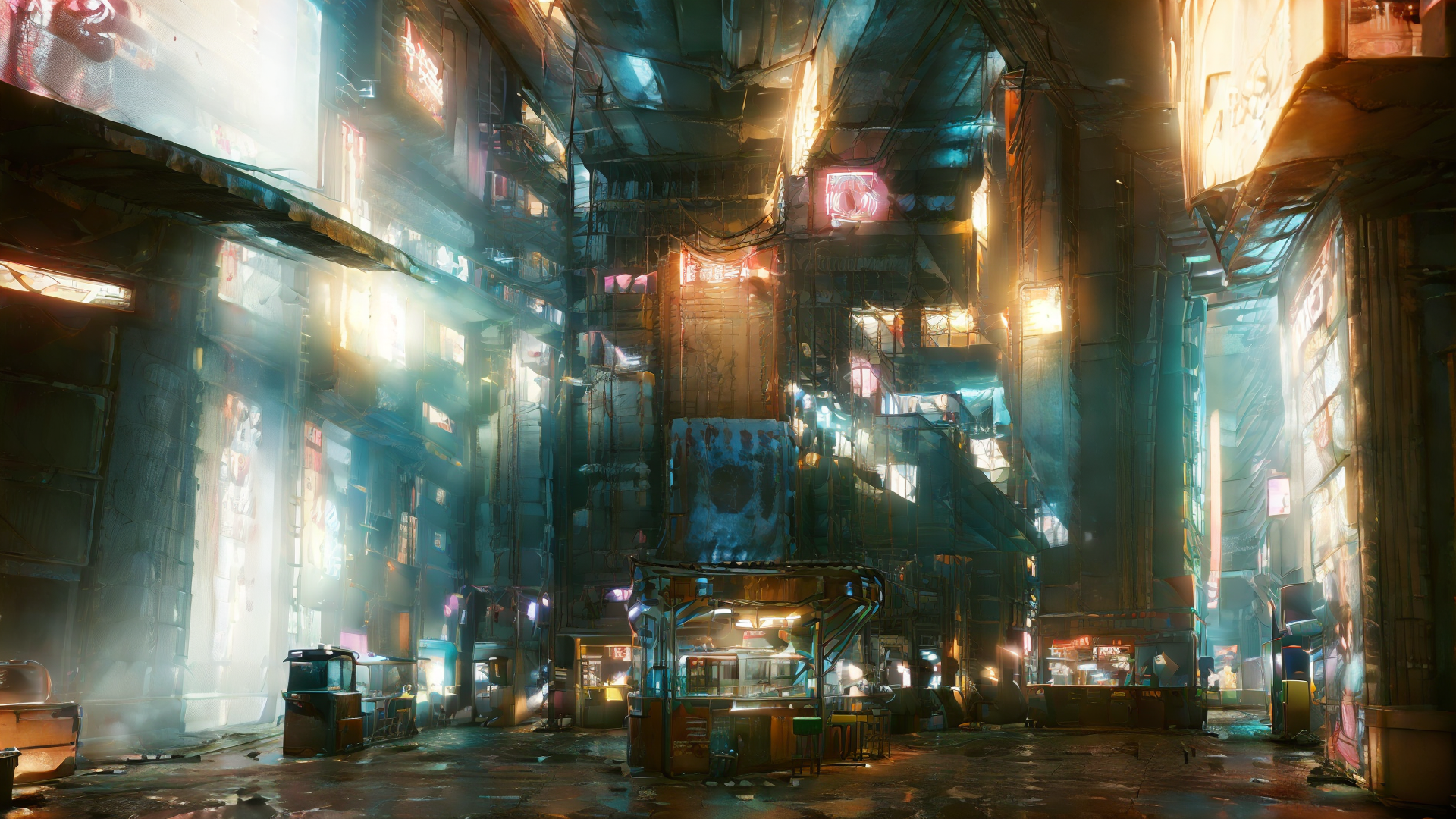 AI generated wallpaper featuring street, buildings, neon signs