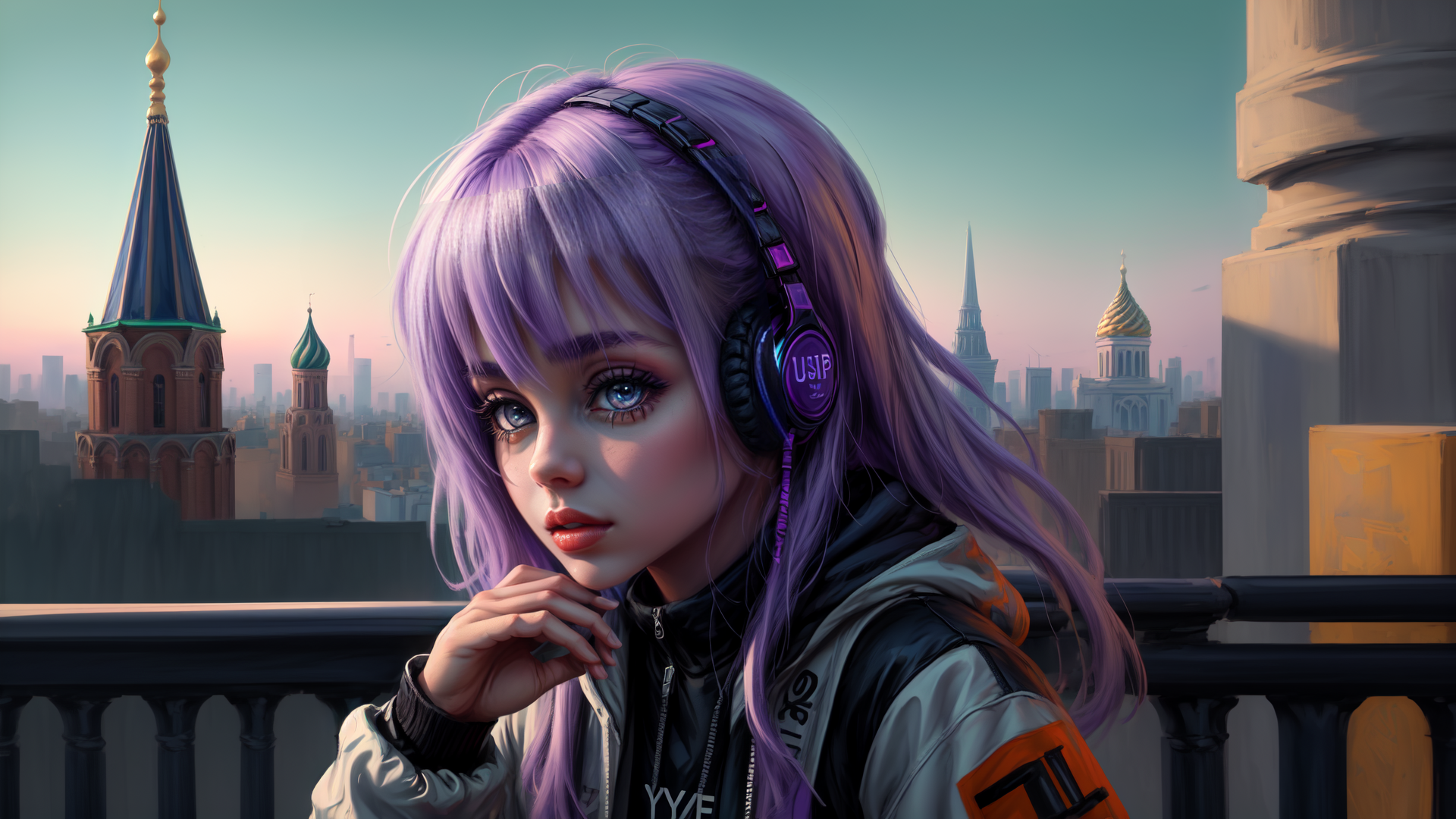 AI generated wallpaper featuring girl, headphones, cityscape
