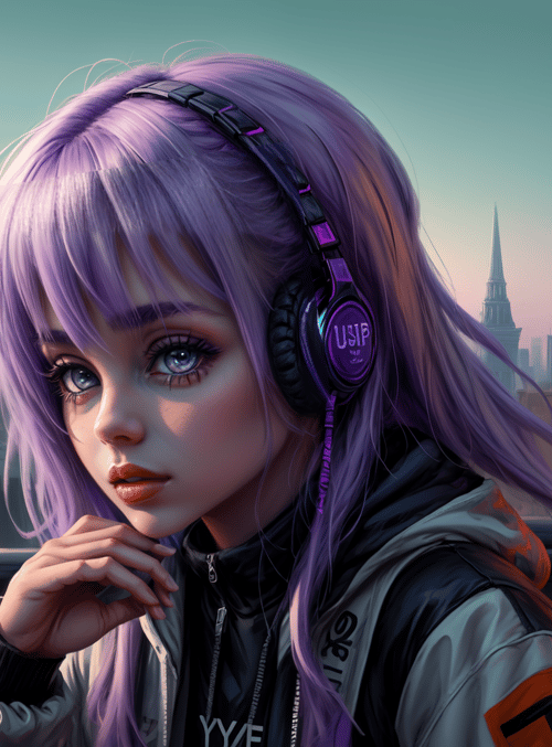 girl, headphones, cityscape