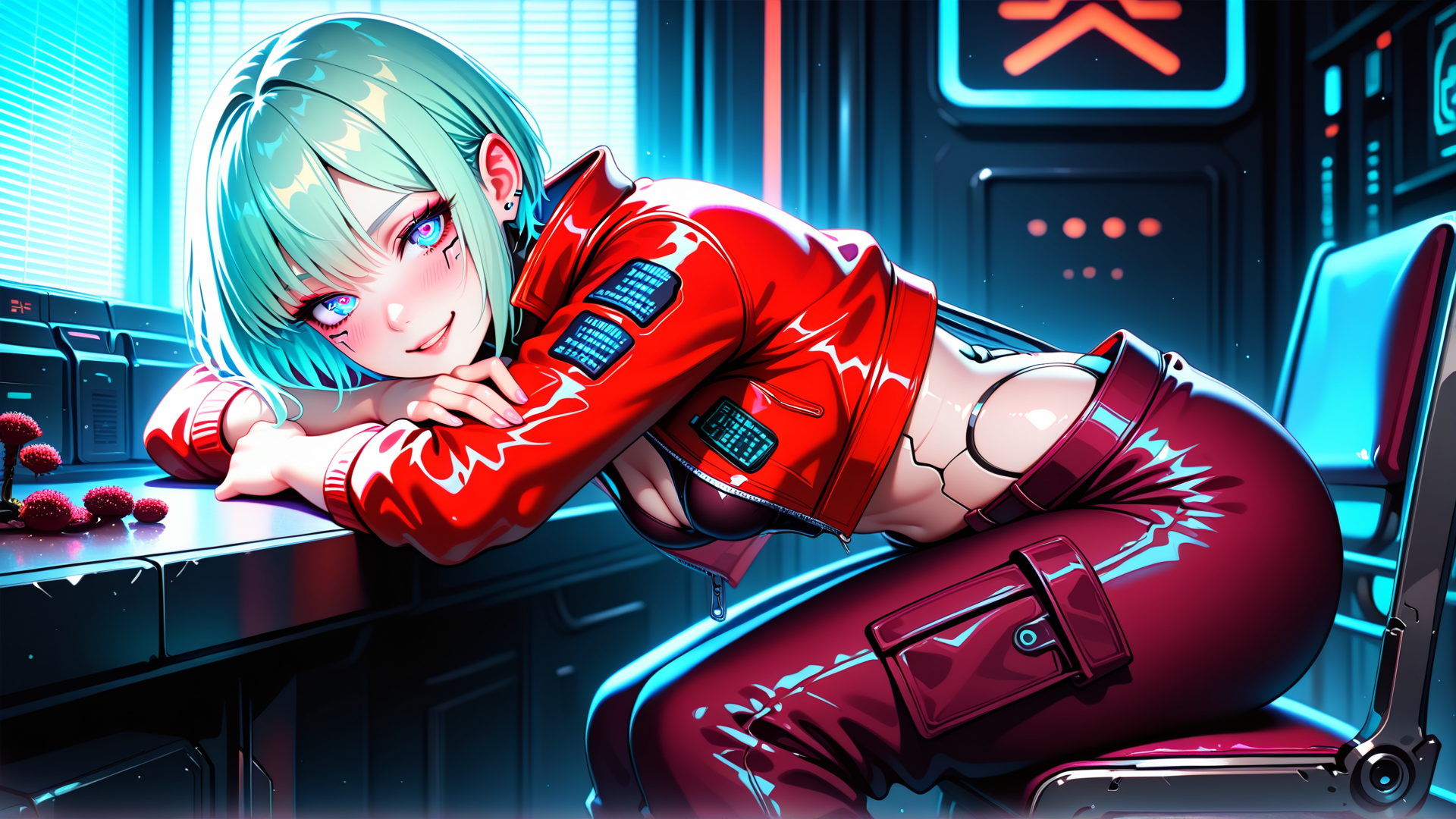 AI generated wallpaper featuring cyberpunk, anime girl, robot, neon, futuristic, gaming, chair, desk, plants, jacket