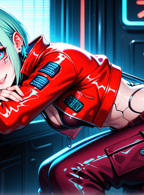cyberpunk, anime girl, robot, neon, futuristic, gaming, chair, desk, plants, jacket