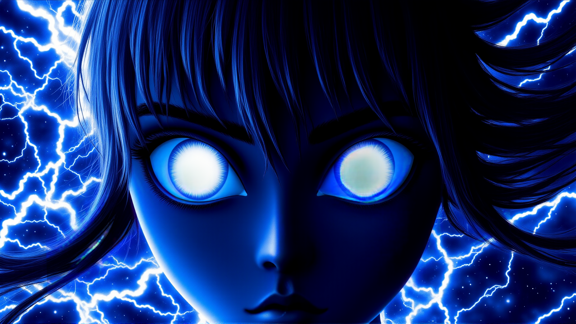 AI generated wallpaper featuring girl, eyes, lightning