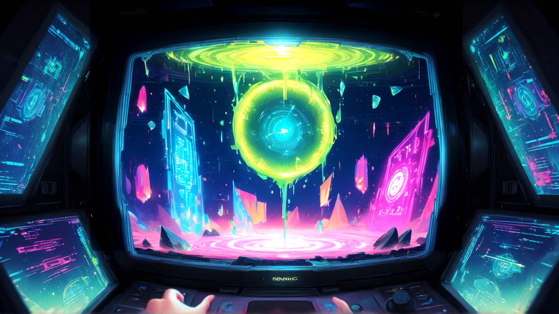 AI generated wallpaper featuring monitor, portal, city