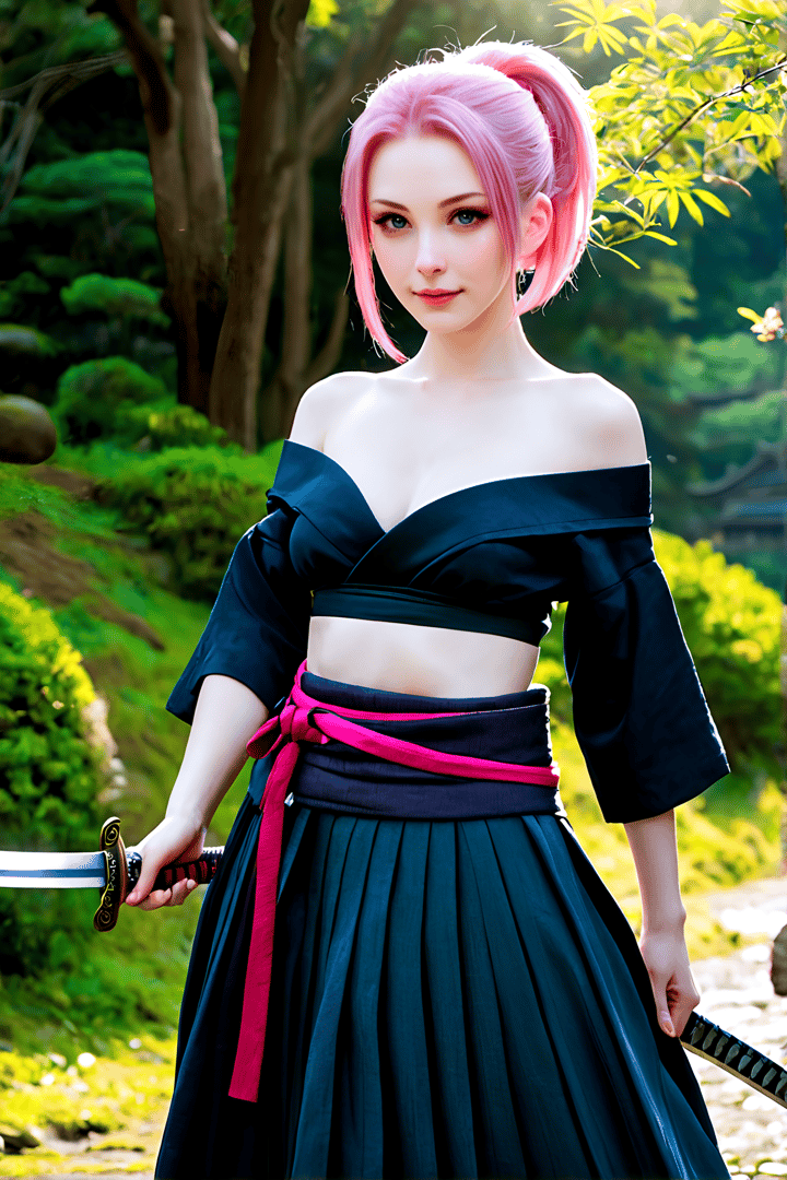 AI generated wallpaper featuring woman, saber, kimono, sword, pink hair, trees, garden