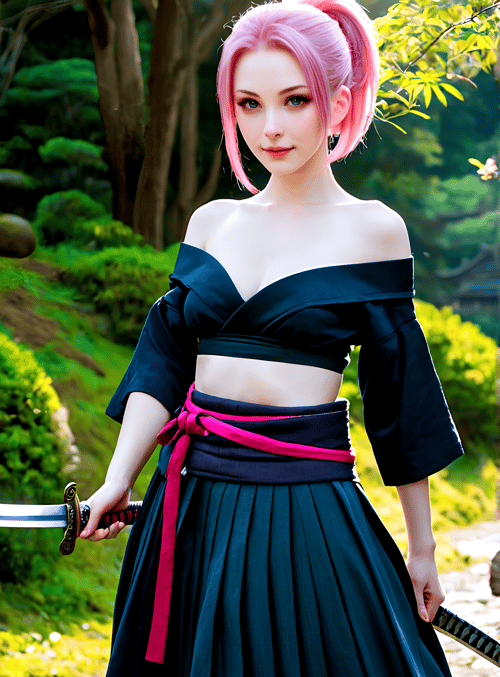woman, saber, kimono, sword, pink hair, trees, garden