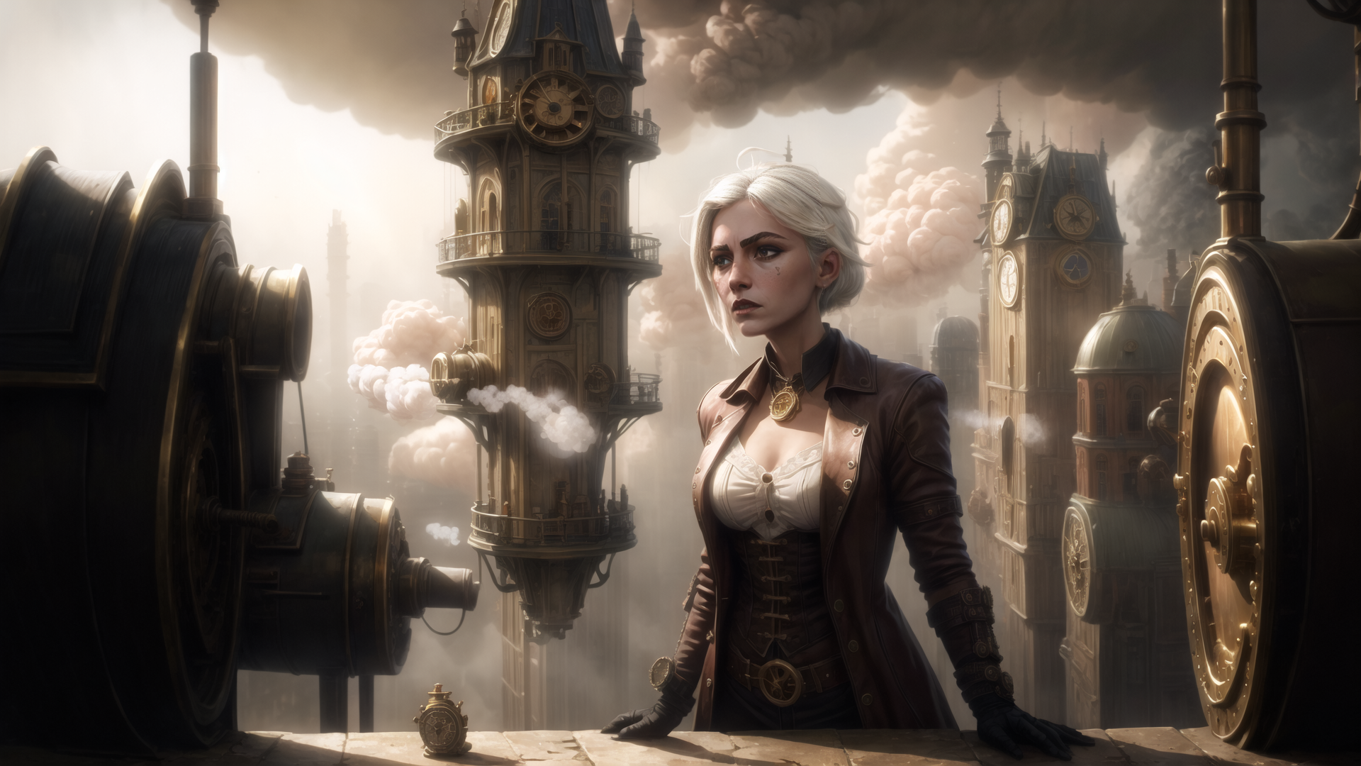 AI generated wallpaper featuring woman, clock tower, steampunk machinery