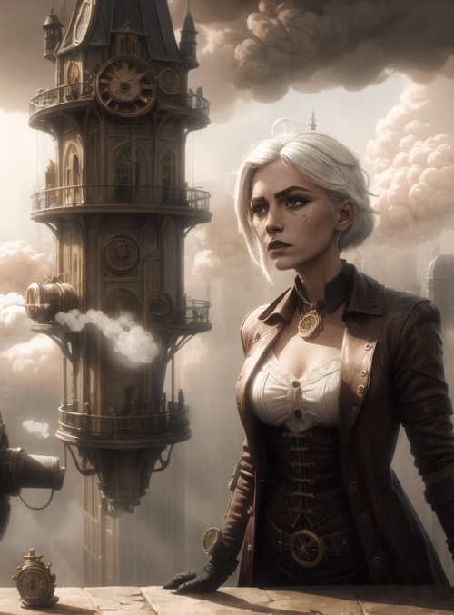 woman, clock tower, steampunk machinery
