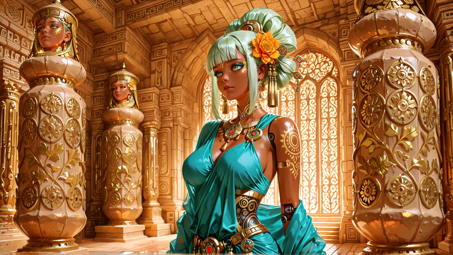 AI generated wallpaper featuring woman, statue, columns, decorative pillars, ornate architecture