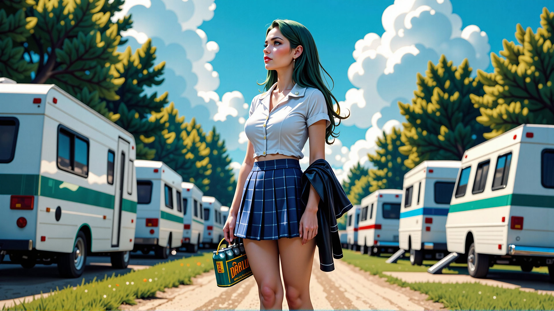AI generated wallpaper featuring woman, RV, trees, sky, skirt, jacket, cans, bottles, clouds, grass