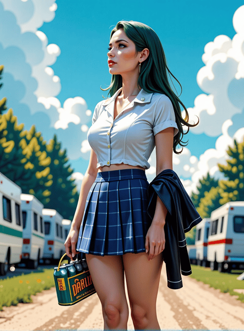 woman, RV, trees, sky, skirt, jacket, cans, bottles, clouds, grass