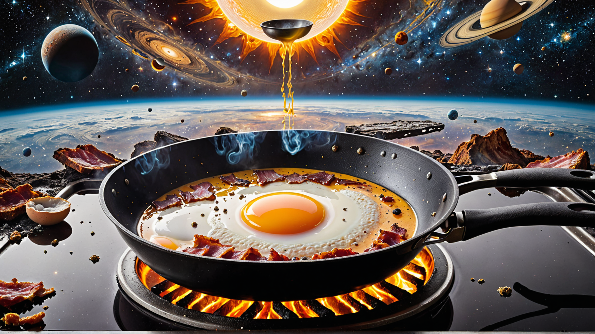 AI generated wallpaper featuring egg, bacon, universe