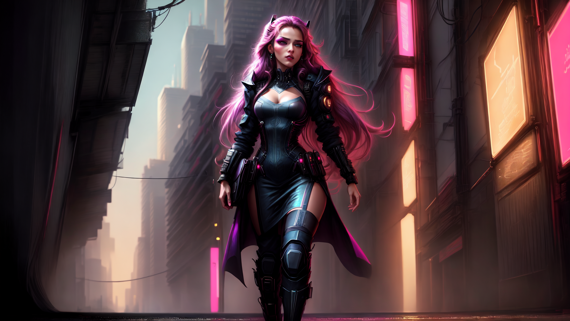 AI generated wallpaper featuring woman, cyberpunk, neon, street, futuristic, armor, city, character, goggles, long hair