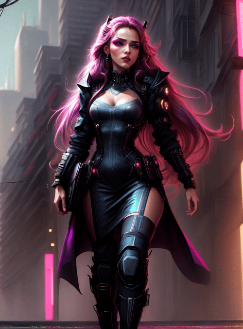 woman, cyberpunk, neon, street, futuristic, armor, city, character, goggles, long hair