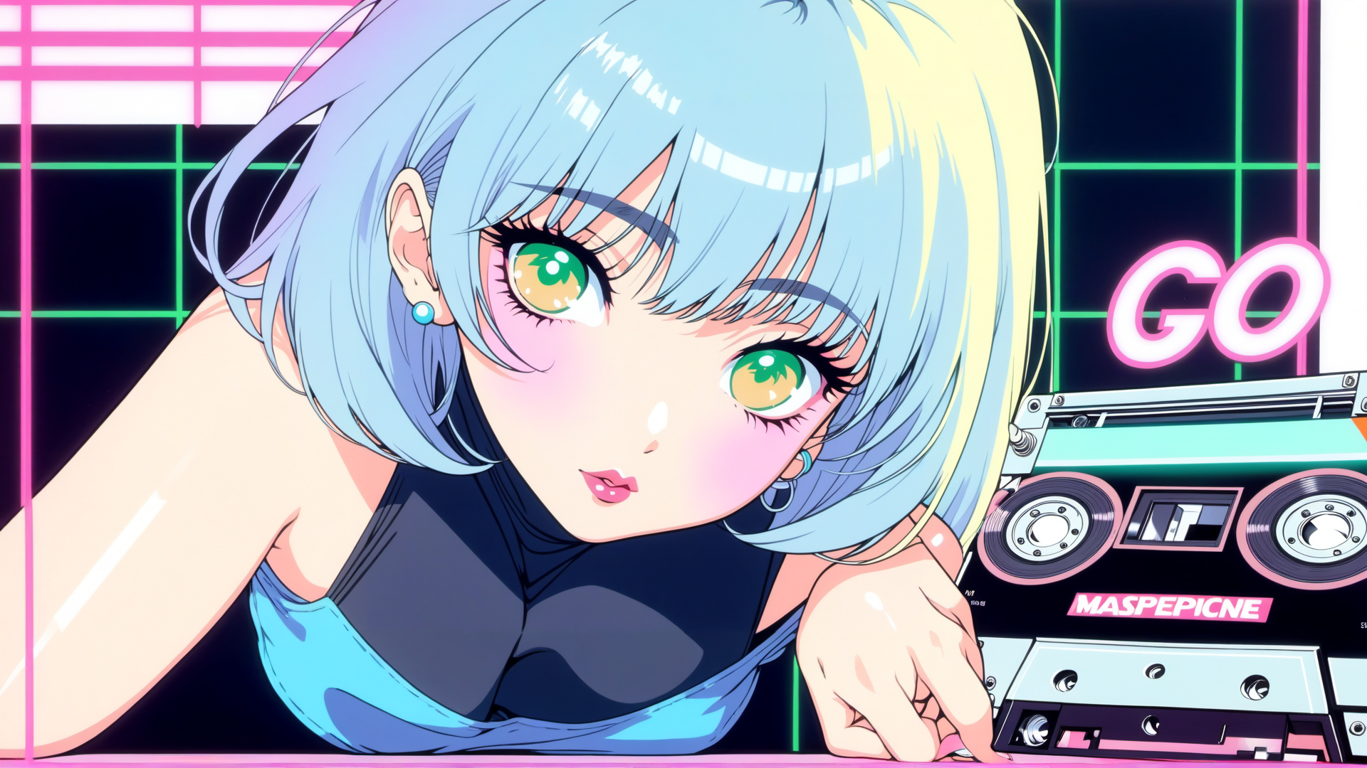 AI generated wallpaper featuring anime girl, cassette player