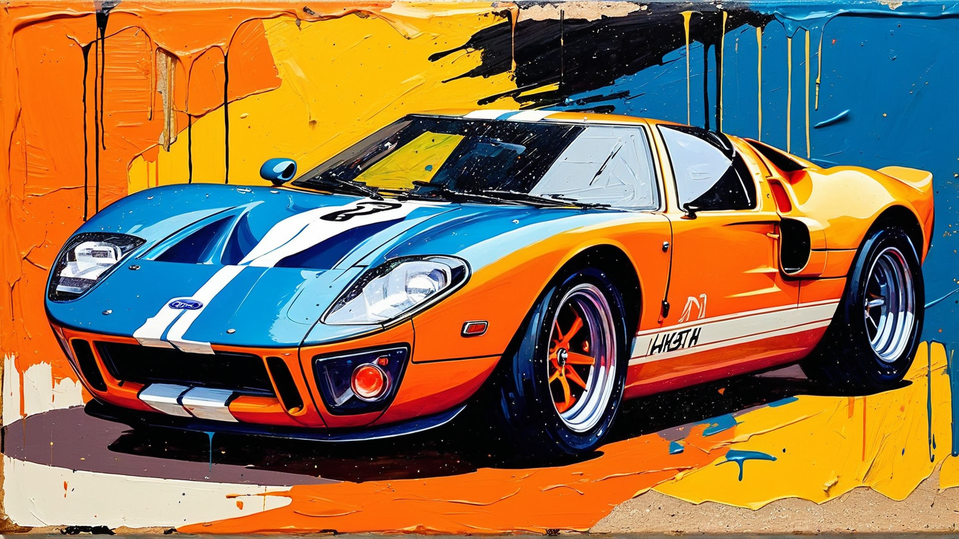 AI generated wallpaper featuring car, Ford, race car, painting