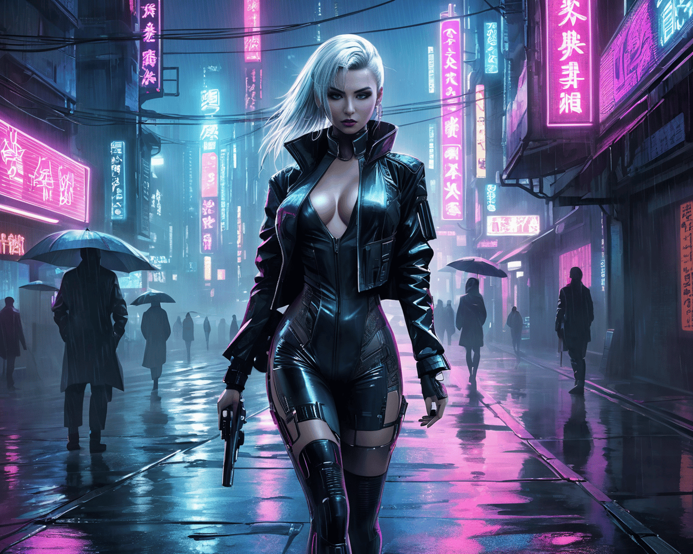 AI generated wallpaper featuring woman, cyberpunk, gun